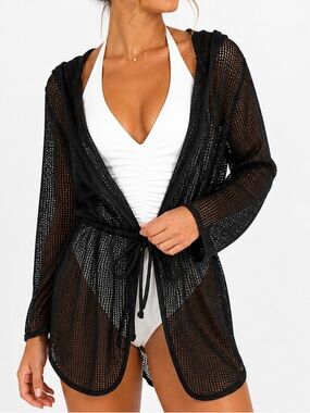 Dotti Cover-up Semi Sheer Bathing Suit Kimono Tie Waist Hood Black M/L